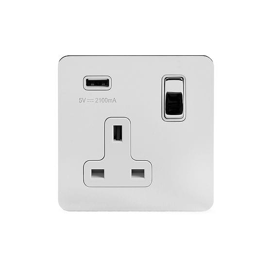 Soho Lighting Polished Chrome Flat Plate 13A 1 Gang DP USB Switched Socket (USB Output 2.1amp) Wht Ins Screwless