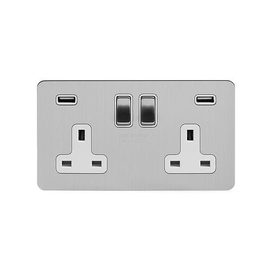 Soho Lighting Brushed Chrome Flat Plate 13A 2 Gang DP USB Switched Socket (USB Output 4.8amp) Wht Ins Screwless