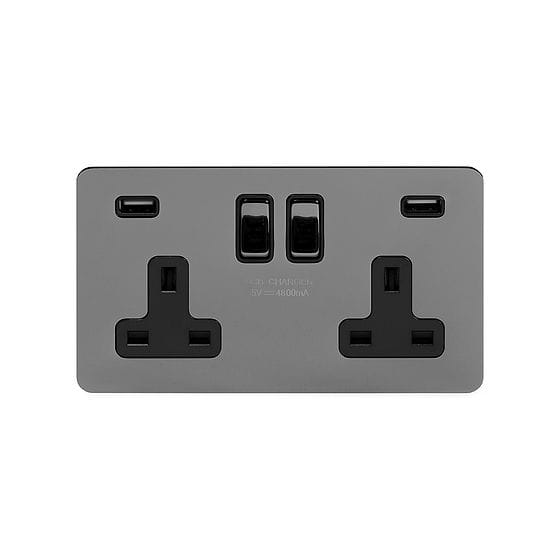 Soho Lighting Black Nickel Flat Plate 13A 2 Gang DP USB Switched Socket (USB Output 4.8amp) Blk Ins Screwless