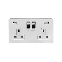 Soho Lighting Polished Chrome Flat Plate 13A 2 Gang DP USB Switched Socket (USB Output 4.8amp) Wht Ins Screwless