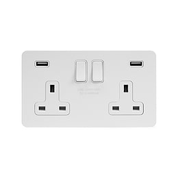 Soho Lighting White Metal Flat Plate 13A 2 Gang DP USB Switched Socket (USB Output 4.8amp) Wht Ins Screwless