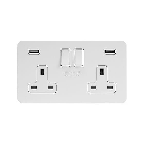 Soho Lighting White Metal Flat Plate 13A 2 Gang DP USB Switched Socket (USB Output 4.8amp) Wht Ins Screwless