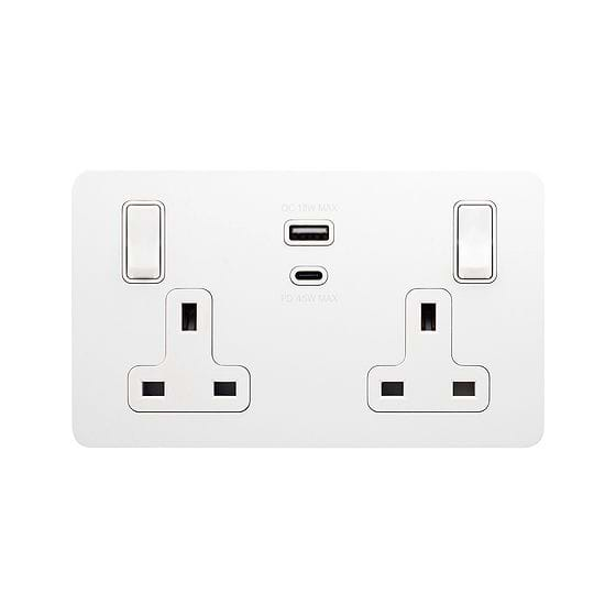 Soho Lighting White Metal Flat Plate 13A 2 Gang Super Fast Charge 45W USB A+C Socket