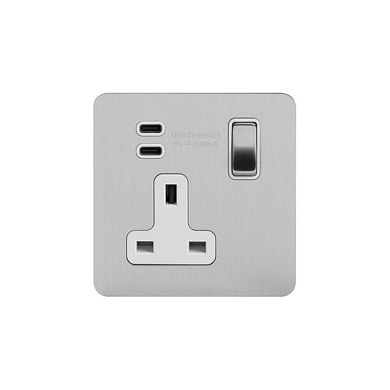 Soho Lighting Brushed Chrome Flat Plate 1 Gang USB C+C Socket (13A Socket + 2 USB C 3.1A Ports) 