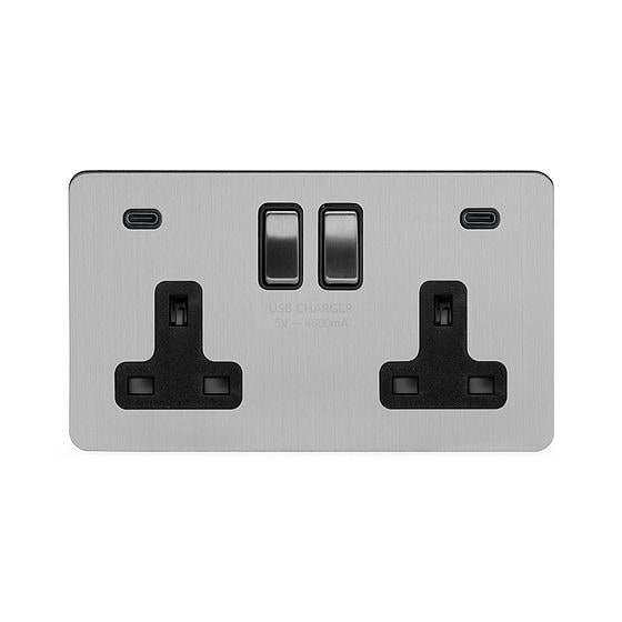 Brushed Chrome 2 Gang USB C Socket
