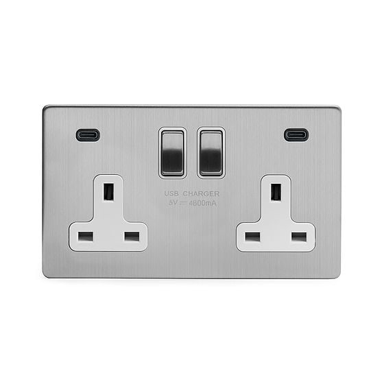 Soho Lighting Brushed Chrome Flat Plate 2 Gang USB C+C Socket (13A Socket + 2 USB C 4.8A Ports)