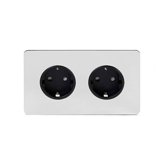 Soho Lighting Polished Chrome Flat Plate 16A 2 Gang Euro Schuko Socket Blk Ins Screwless