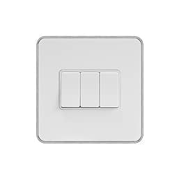 Soho Lighting White Metal Plate with Chrome Edge 10A 3 Gang 2 Way Switch Wht Ins Screwless