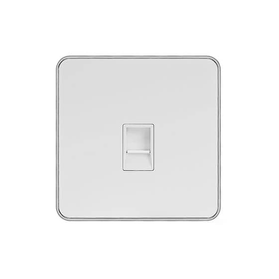 Soho Lighting White Metal Plate with Chrome Edge 1 Gang Data Socket RJ45 Ethernet Cat5/Cat6 Wht Ins Screwless