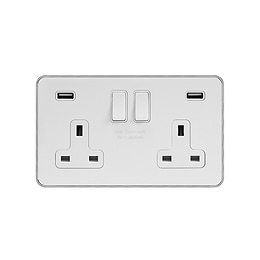 Soho Lighting White Metal Plate with Chrome Edge 2 Gang 13A DP Socket with 2 x USB-A 4.8A