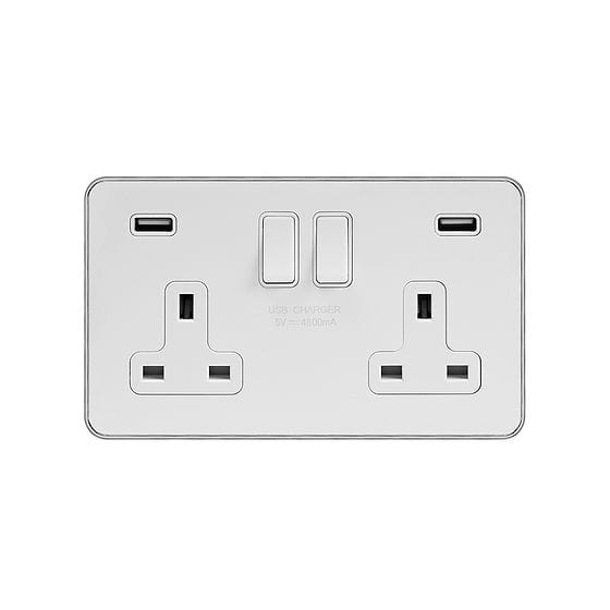 Soho Lighting White Metal Plate with Chrome Edge 2 Gang 13A DP Socket with 2 x USB-A 4.8A