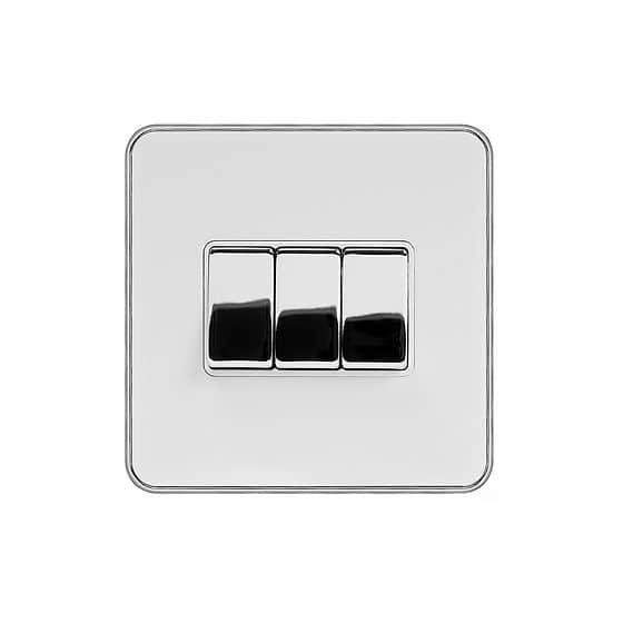 Soho Lighting White & Polished Chrome With Chrome Edge 10A 3 Gang 2 Way Switch White Inserts Screwless