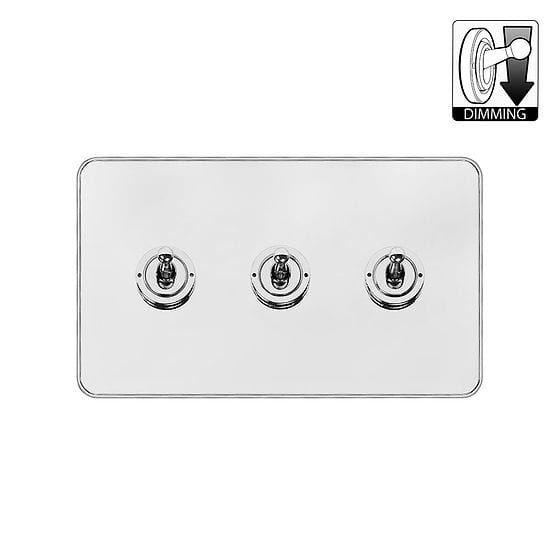 White Metal and Chrome 3 Gang Dimming Toggle Switch

