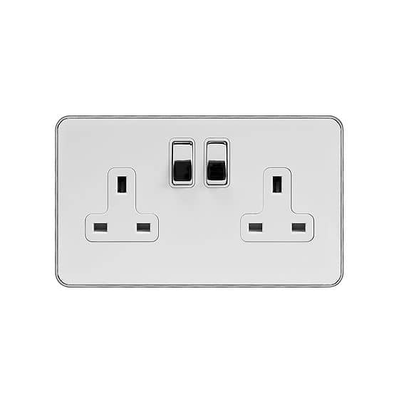 Soho Lighting White & Polished Chrome With Chrome Edge 13A 2 Gang Switched Socket, DP White Inserts Screwless