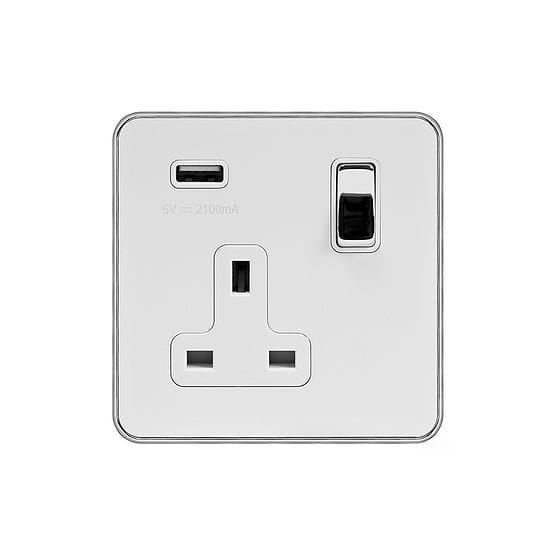 Soho Lighting White & Polished Chrome With Chrome Edge 1 Gang 13A DP Socket with USB-A 2.1A