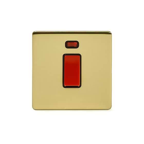 Soho Lighting Brushed Brass 45A 1 Gang Double Pole Switch With Neon, Single Plate Black Insert Screwless
