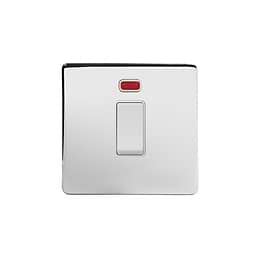 Soho Lighting Polished Chrome 45A 1 Gang Double Pole Switch With Neon, Single Plate Wht Ins Screwless