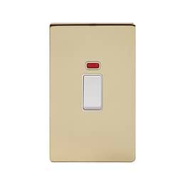 Soho Lighting Brushed Brass 45A 1 Gang Double Pole Switch With Neon, Large Plate Wht Ins Screwless