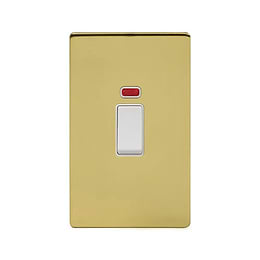 Soho Lighting Brushed Brass 45A 1 Gang Double Pole Switch With Neon, Large Plate Wht Ins Screwless
