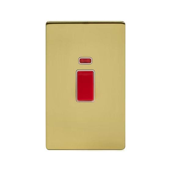 Soho Lighting Brushed Brass 45A 1 Gang Double Pole Switch With Neon, Large Plate Wht Ins Screwless