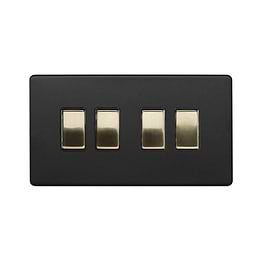 Soho Lighting Matt Black & Brushed Brass 10A 4 Gang 2 Way Switch Black Insert Screwless