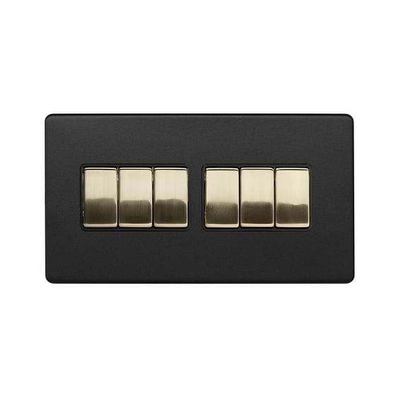 Soho Lighting Matt Black & Brushed Brass 10A 6 Gang 2 Way Switch Black Insert Screwless