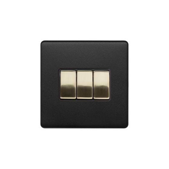 Soho Lighting Matt Black & Brushed Brass 10A 3 Gang Intermediate Switch Black Insert Screwless