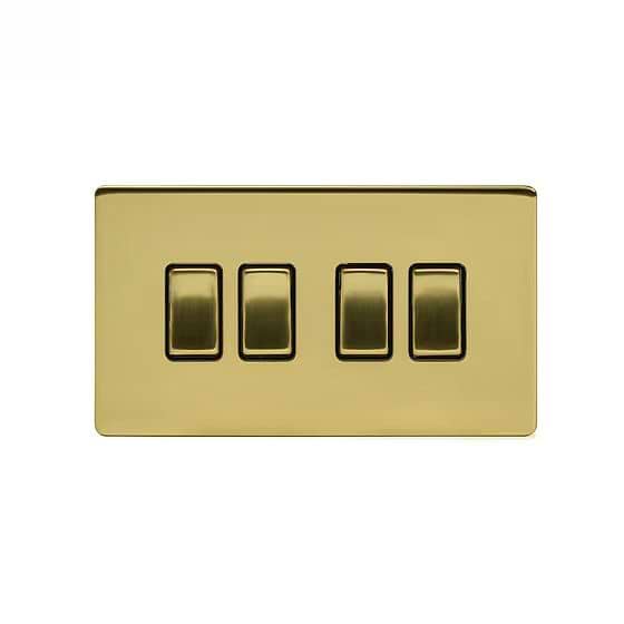 Soho Lighting Brushed Brass 4 Gang Intermediate switch Blk Ins Screwless