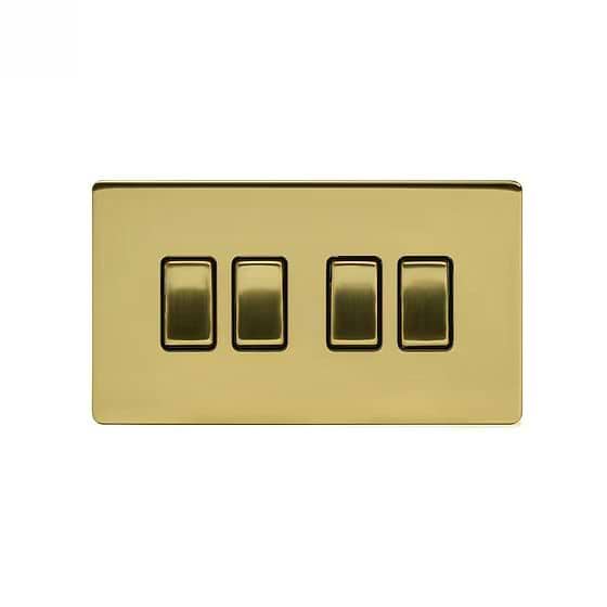 Soho Lighting Brushed Brass 4 Gang 2 Way 10A Light Switch Blk Ins Screwless