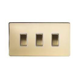 Soho Lighting Brushed Brass 3 Gang Switch Double Plate Wht Ins Screwless