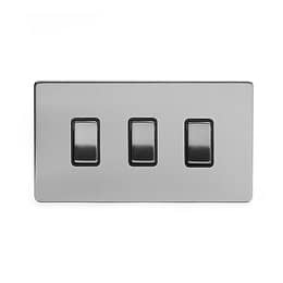 Soho Lighting Brushed Chrome 3 Gang Switch Double Plate Blk Ins Screwless