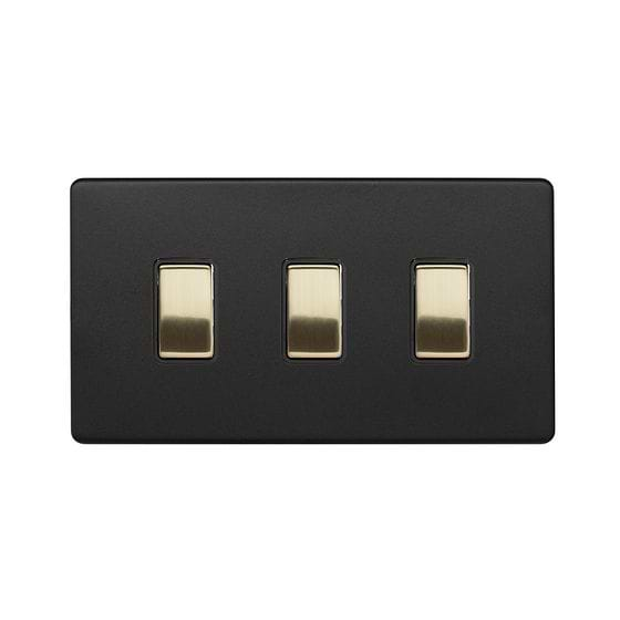 Soho Lighting Matt Black & Brushed Brass 3 Gang Switch Double Plate 2 Way Screwless