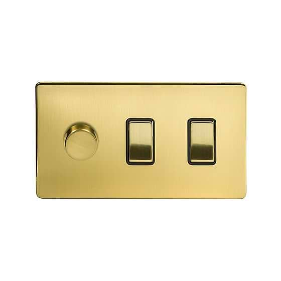 Soho Lighting Brushed Brass 3 Gang Dimmer and Rocker Switch Combo (2-Way Intelligent Dimmer & 2 x 2-Way Light Switch)