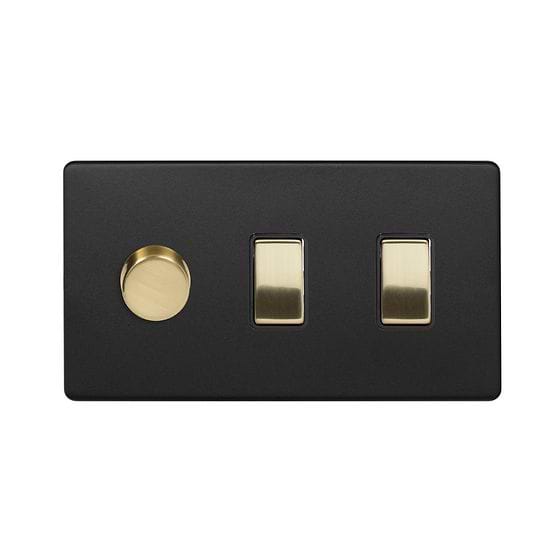 Soho Lighting Matt Black & Brushed Brass 3 Gang Dimmer and Rocker Switch Combo (2-Way Intelligent Dimmer & 2 x 2-Way Light Switch)