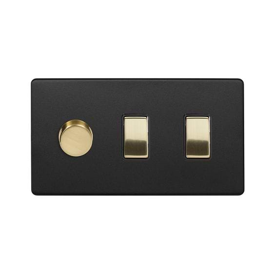 Soho Lighting Matt Black & Brushed Brass 3 Gang Light Switch with 1 dimmer (2-Way Intelligent Dimmer & 2 x 2-Way Light Switch)