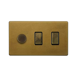 Soho Lighting Old Brass 3 Gang Dimmer and Rocker Switch Combo  (2-Way Intelligent Dimmer & 2 x 2-Way Light Switch)