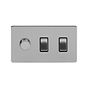 Brushed Chrome 3 gang light switch with 1 dimmer