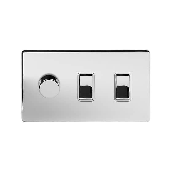Polished Chrome 3 gang light switch with 1 dimmer