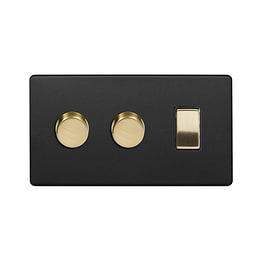 Soho Lighting Matt Black & Brushed Brass 3 Gang Light Switch with 2 Dimmers (2 x 2-Way Intelligent Dimmer & 2-Way Switch)