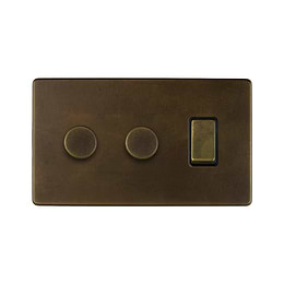 Soho Lighting Vintage Brass 3 Gang Light Switch with 2 Dimmers (2 x 2-Way Intelligent Dimmer & 2-Way Switch)