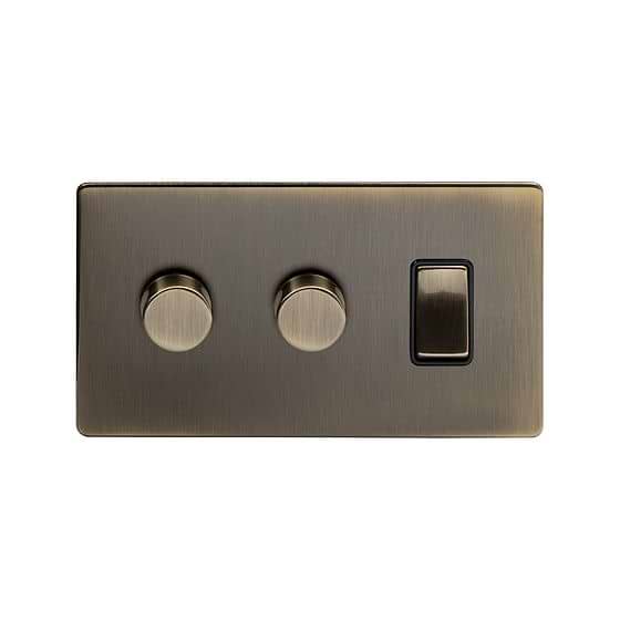 Soho Lighting Antique Brass 3 Gang Dimmer and Rocker Switch Combo (2 x 2-Way Intelligent Dimmer & 1 x 2-Way Switch)