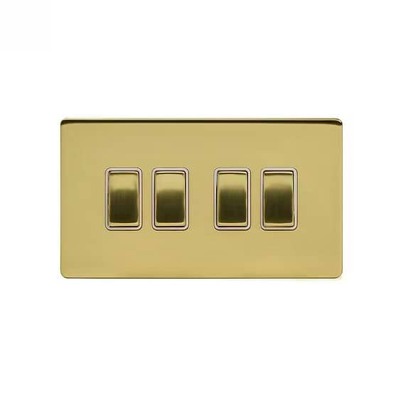 Soho Lighting Brushed Brass 4 Gang Switch With 1 Intermediate (3 x 2 Way Switch with 1 Intermediate) Wht Ins Screwless