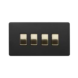 Soho Lighting Matt Black & Brushed Brass 4 Gang Switch With 1 Intermediate (3 x 2 Way Switch with 1 Intermediate) Blk Ins Screwless