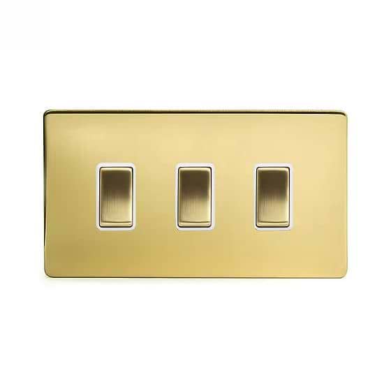 Soho Lighting Brushed Brass 3 Gang Switch With 1 Intermediate (2 x 2 Way Switch with 1 Intermediate) Wht Ins Screwless