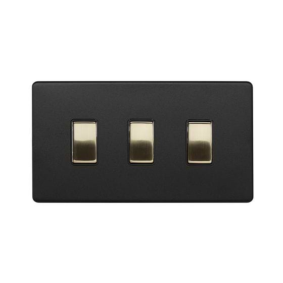 Soho Lighting Matt Black & Brushed Brass 3 Gang Switch With 1 Intermediate (2 x 2 Way Switch with 1 Intermediate) Bk Ins Screwless