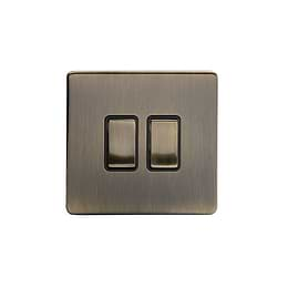 Soho Lighting Antique Brass 2 Gang Retractive Switch Blk Ins Screwless