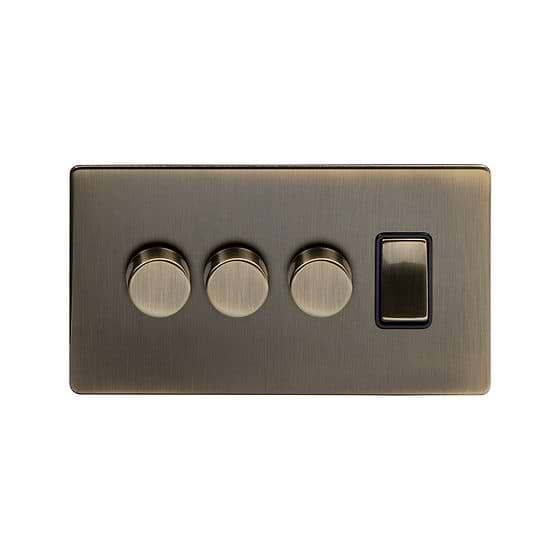 Soho Lighting Antique Brass 4 Gang Switch with 3 Dimmers (3x150W LED Dimmer 1x20A Switch)