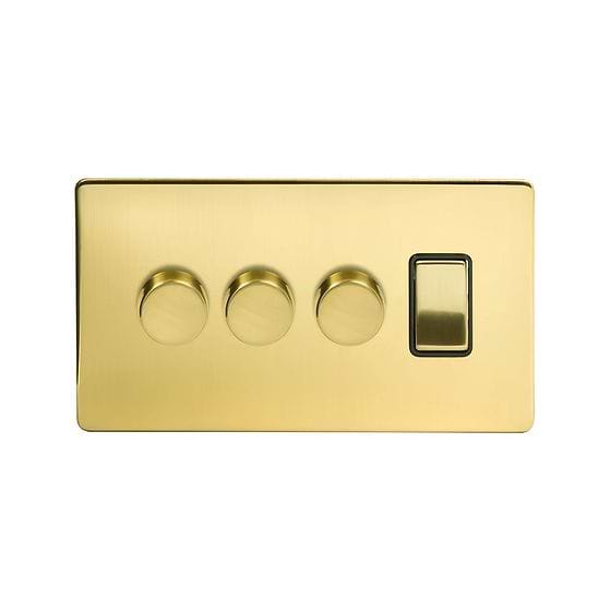 Soho Lighting Brushed Brass 4 Gang Switch with 3 Dimmers (3 x 2-Way intelligent Dimmer & 1 x 2-Way Switch)
