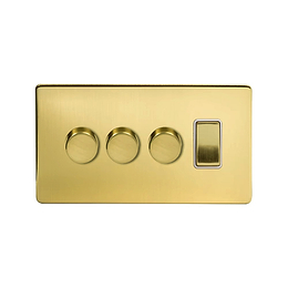 Soho Lighting Brushed Brass 4 Gang Switch with 3 Dimmers (3x150W LED Dimmer 1x20A Switch) White Inserts