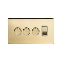 Soho Lighting Brushed Brass 4 Gang Switch with 3 Dimmers (3x150W LED Dimmer 1x20A Switch) White Inserts